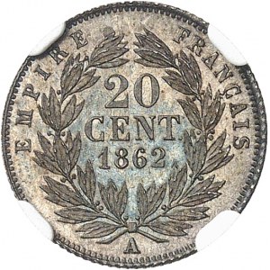 Second Empire / Napoléon III (1852-1870). 20 centimes tête nue, Flan bruni (PROOF) 1862, A, Paris.