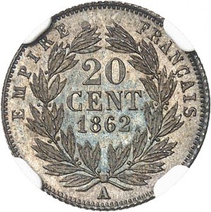Drugie Cesarstwo / Napoleon III (1852-1870). 20 centymów z gołą głową, czerniony flan (PROOF) 1862, A, Paryż.