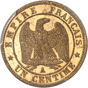 Druhé cisárstvo / Napoleon III (1852-1870). Un centime tête nue, Flan bruni (PROOF) 1857, A, Paris.