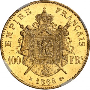 Second Empire / Napoléon III (1852-1870). Essai de 100 francs tête laurée, Flan bruni (PROOF) 1868, E, Paris.