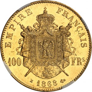 Druhé císařství / Napoleon III (1852-1870). Zkušební 100franková hlava, leštěný flan (PROOF) 1868, E, Paříž.