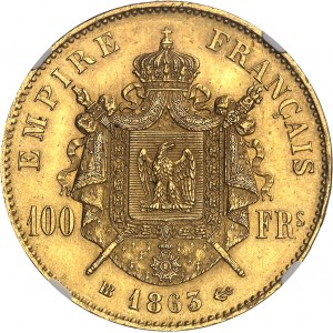 Druhé císařství / Napoleon III (1852-1870). 100 franků tête laurée 1863, BB, Strasbourg.