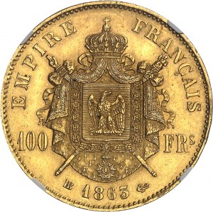 Second Empire / Napoleon III (1852-1870). 100 francs tête laurée 1863, BB, Strasbourg.