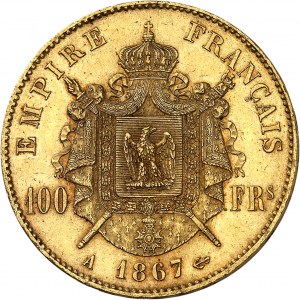 Druhé cisárstvo / Napoleon III (1852-1870). 100 frankov tête laurée 1867, A, Paríž.
