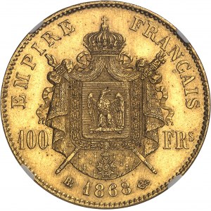 Secondo Impero / Napoleone III (1852-1870). 100 franchi tête laurée 1868, BB, Strasburgo.