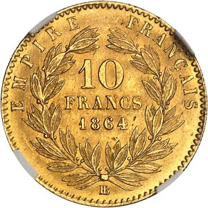 Zweites Kaiserreich / Napoleon III (1852-1870). 10 Francs laurée Kopf 1864, BB, Straßburg.