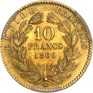 Second Empire / Napoléon III (1852-1870). 10 francs tête laurée 1866, BB, Strasbourg.