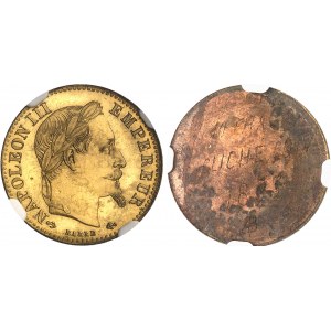 Zweites Kaiserreich / Napoleon III. (1852-1870). Einfarbiges Testpaar aus vergoldeter Bronze von 10 Francs tête laurée, von Albert Barre, gebräunter Zuschnitt (PROOF) 1862, E, Paris.