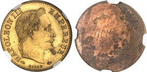 Zweites Kaiserreich / Napoleon III. (1852-1870). Einfarbiges Testpaar aus vergoldeter Bronze von 10 Francs tête laurée, von Albert Barre, gebräunter Zuschnitt (PROOF) 1862, E, Paris.