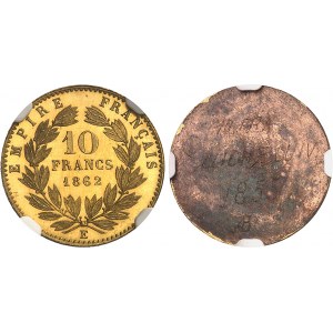 Second Empire / Napoleon III (1852-1870). Pair of 10-franc gilt-bronze tête laurée uniface proofs, by Albert Barre, Flan bruni (PROOF) 1862, E, Paris.