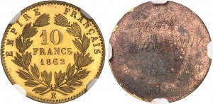 Secondo Impero / Napoleone III (1852-1870). Coppia di prove di testa monofacciali da 10 franchi in bronzo dorato, di Albert Barre, flan brunito (PROVA) 1862, E, Parigi.