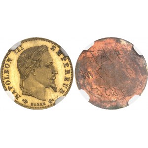Second Empire / Napoléon III (1852-1870). Paire d’essais unifaces en bronze doré de 5 francs tête laurée, par Albert Barre, Flan bruni (PROOF) 1862, E, Paris.