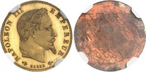 Zweites Kaiserreich / Napoleon III. (1852-1870). Einfarbiges Testpaar aus vergoldeter Bronze von 5 Francs tête laurée, von Albert Barre, gebräunter Zuschnitt (PROOF) 1862, E, Paris.