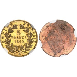 Second Empire / Napoléon III (1852-1870). Paire d’essais unifaces en bronze doré de 5 francs tête laurée, par Albert Barre, Flan bruni (PROOF) 1862, E, Paris.