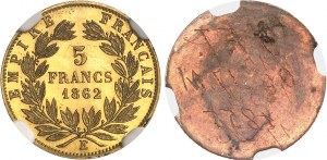 Second Empire / Napoléon III (1852-1870). Paire d’essais unifaces en bronze doré de 5 francs tête laurée, par Albert Barre, Flan bruni (PROOF) 1862, E, Paris.