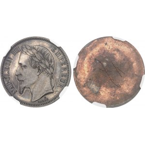 Second Empire / Napoléon III (1852-1870). Paire d’essais unifaces en bronze argenté de 1 franc tête laurée, par Albert Barre, Flans brunis (PROOF) 1862, E, Paris.