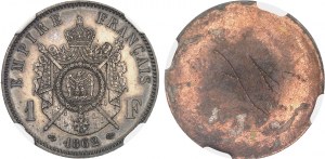 Druhé cisárstvo / Napoleon III (1852-1870). Pár jednoliatych postriebrených bronzových štítov s hlavou za 1 frank, Albert Barre, hnedé polotovary (PROOF) 1862, E, Paríž.