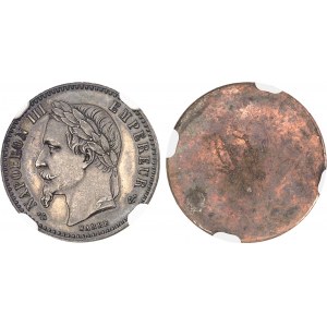 Second Empire / Napoléon III (1852-1870). Paire d’essais unifaces en bronze argenté de 50 centimes tête laurée, par Albert Barre, Flan bruni (PROOF) 1862, E, Paris.