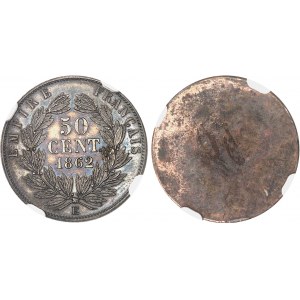 Second Empire / Napoleon III (1852-1870). Pair of 50-centime silver-plated bronze single-headed trials, by Albert Barre, Flan bruni (PROOF) 1862, E, Paris.