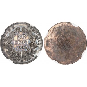 Second Empire / Napoléon III (1852-1870). Paire d’essais unifaces en bronze argenté de 50 centimes tête laurée, par Albert Barre, Flan bruni (PROOF) 1862, E, Paris.