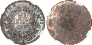 Second Empire / Napoléon III (1852-1870). Paire d’essais unifaces en bronze argenté de 50 centimes tête laurée, par Albert Barre, Flan bruni (PROOF) 1862, E, Paris.