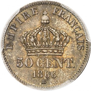 Drugie Cesarstwo / Napoleon III (1852-1870). 50 centymów z wawrzynem na głowie, 1866, BB, Strasburg.