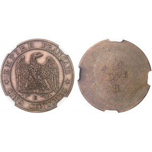 Zweites Kaiserreich / Napoleon III. (1852-1870). Paar einseitige Versuche zu fünf Centimes mit Kopf, von Albert Barre 1861, E, Paris.