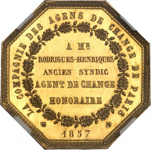 Druhé císařství / Napoleon III (1852-1870). Zlatý žeton, Agents de change de Paris, Caqué 1857, Paříž.