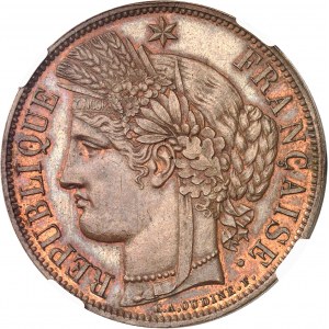 Regierung der Nationalen Verteidigung (1870-1871). Versuch von 5 Franken Ceres mit Legende, aus Bronze, glatter Rand 1870, A, Paris.