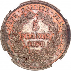 Gouvernement de Défense Nationale (1870-1871). Essai de 5 francs Cérès avec légende, en bronze, tranche lisse 1870, A, Paris.