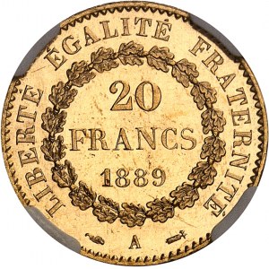 Třetí republika (1870-1940). 20 franků Génie, Flan bruni (PROOF) 1889, A, Paříž.