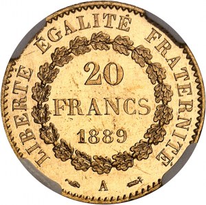 IIIe République (1870-1940). 20 francs Génie, Flan bruni (PROOF) 1889, A, Paris.