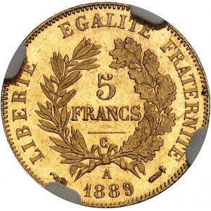 Tretia republika (1870-1940). 5 frankov Cérès Flan bruni (PROOF) 1889, A, Paríž.