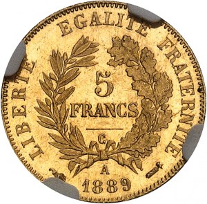 Dritte Republik (1870-1940). 5 Franken Ceres Flan brüniert (PROOF) 1889, A, Paris.