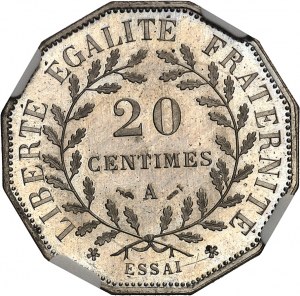 Dritte Republik (1870-1940). Zwölfeckiger 20-Centimes-Versuch aus Neusilber nach Dupré 1881, A, Paris.