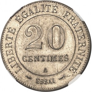 IIIe République (1870-1940). Essai de 20 centimes Merley, 2e type, flan rond, de poids lourd et perforations sur la tranche 1888, A, Paris.