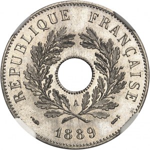 Třetí republika (1870-1940). Nepodepsaná zkušební dvaceticentovka, kulatý nikl 1889, A, Paříž.