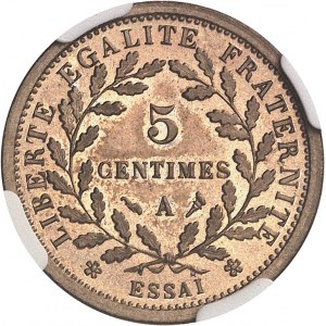 IIIe République (1870-1940). Essai rond de 5 centimes en maillechort, grand module, d’après Dupré 1902, A, Paris.