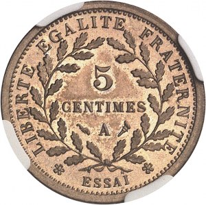 Tretia republika (1870-1940). Päťcentová okrúhla niklová strieborná skúšobná minca, veľký modul, podľa Dupré 1902, A, Paríž.