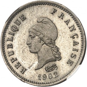 Tretia republika (1870-1940). Skúšobná 5-centimetrová okrúhla niklová strieborná minca, podľa Dupré 1902, A, Paríž.