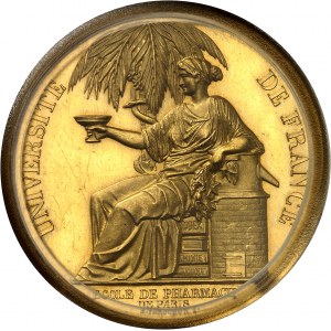 Třetí republika (1870-1940). Zlatá medaile, cena pařížské farmaceutické školy, soutěž 1871, 3. ročník, podle Farochona, Frappe spéciale (SP) 1871, Paříž.