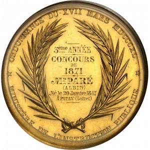 Terza Repubblica (1870-1940). Medaglia d'oro, premio della Scuola di Farmacia di Parigi, concorso del 1871, 3° anno, dopo Farochon, Frappe spéciale (SP) 1871, Parigi.