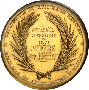 IIIe République (1870-1940). Médaille d’Or, prix de l’École de pharmacie de Paris, concours de 1871, 3e année, d’après Farochon, Frappe spéciale (SP) 1871, Paris.