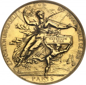 Tretia republika (1870-1940). Zlatá medaila, Medzinárodná svetová výstava J. C. Chaplaina, udelená spoločnosti WATERLOW & FILS 1878, Paríž.