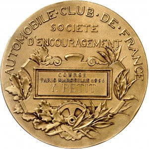 Třetí republika (1870-1940). Medaile, Automobile Club de France, závod Paříž-Marseille 1896 (2. Velká cena A.C.F.), J.-B. Daniel-Dupuis 1896, Paříž.