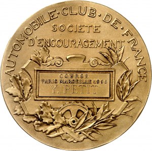 IIIe République (1870-1940). Médaille, Automobile Club de France, Course Paris-Marseille de 1896 (2e Grand Prix de l’A.C.F.), par J.-B. Daniel-Dupuis 1896, Paris.