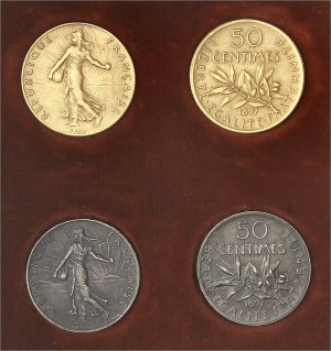 Terza Repubblica (1870-1940). Scatola di presentazione contenente 2 monete d'oro e 2 monete d'argento, 50 centesimi Semeuse, Flans mats e Frappes spéciales (SP) 1897, Parigi.