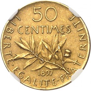 Trzecia Republika (1870-1940). Złota moneta Semeuse o nominale 50 centymów, oksydowana i matowa (PROOF MATTE), 1897, Paryż.