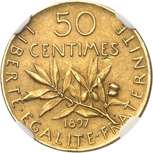 Tretia republika (1870-1940). Zlatá minca 50 centimov Semeuse, leštená a matná (PROOF MATTE) 1897, Paríž.