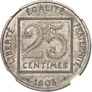 Tretia republika (1870-1940). Piéfort de 25 centimes Patey, 1. typ (štvorcový) 1903, Paríž.